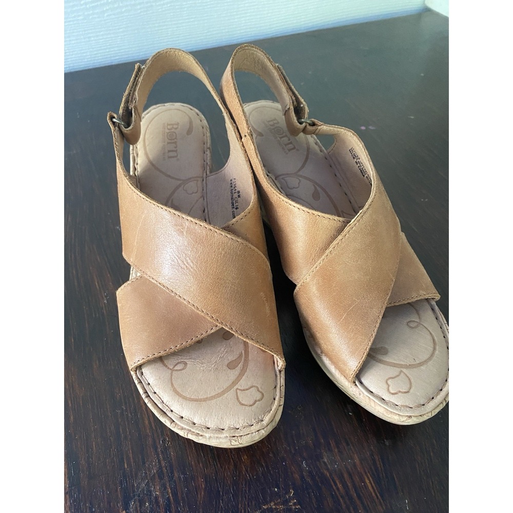 New BøRN Women's Henning Leather Criss Cross Slingback Cork Wedge Sandal Black 8